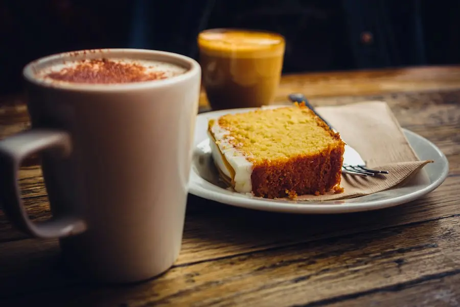 Coffee and a slice of cake on a wooden table